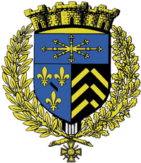 Blason bleu avec couronne et feuilles dorées.